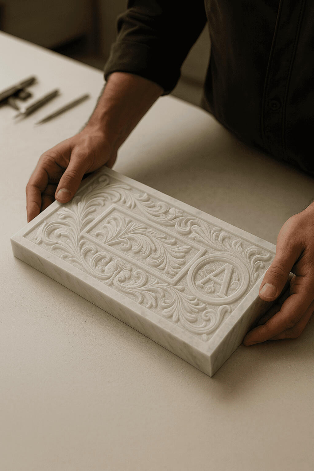 Lavorazione CNC su marmo decorativo Mani che mostrano un pannello in marmo inciso con CNC, realizzato partendo da un file DXF ricostruito da immagine.